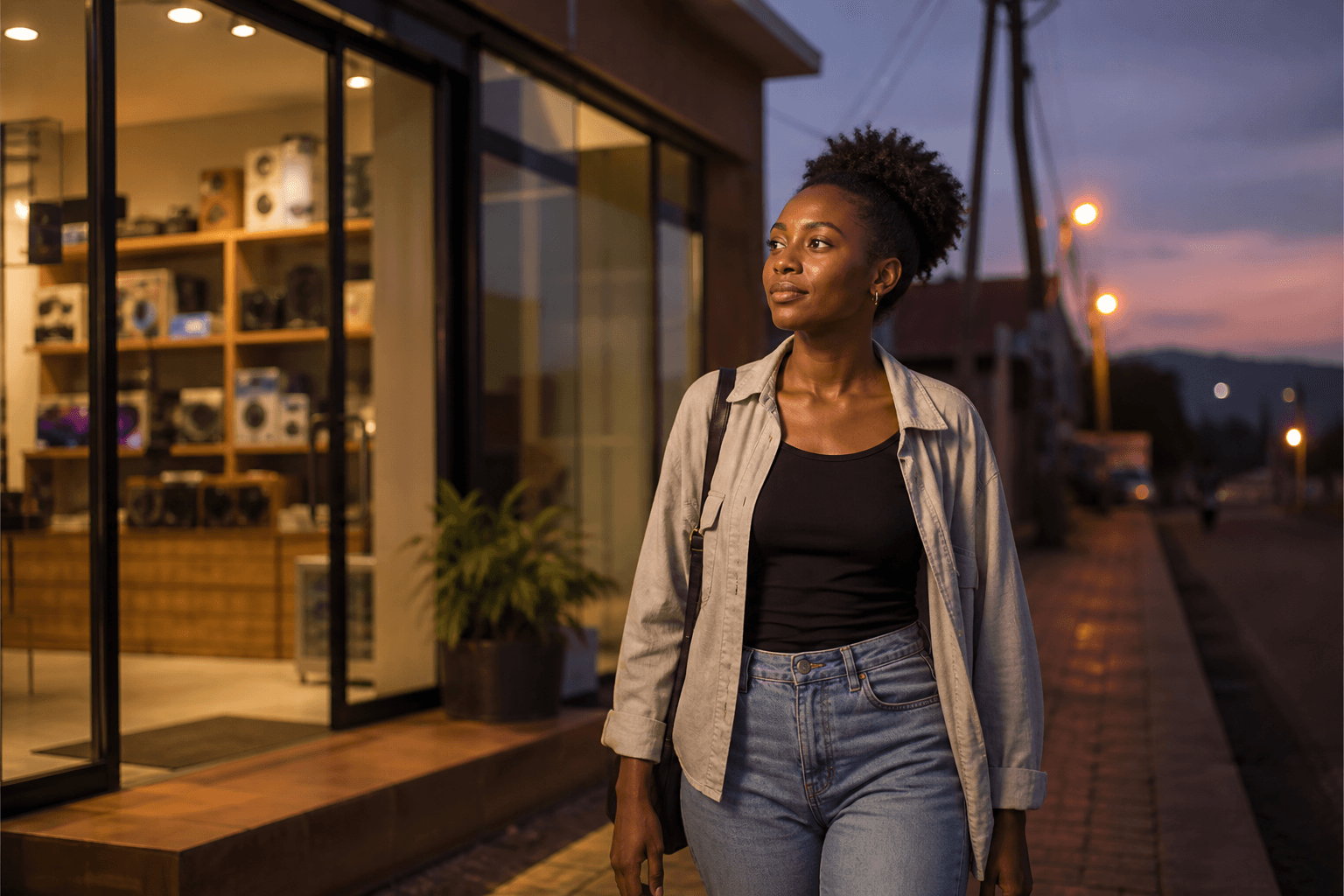 A shop owner walking outside at dusk — space to think, not just to manage.